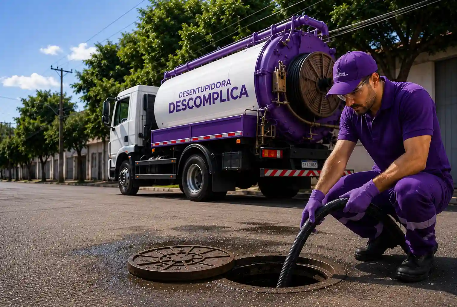 Técnico da Desentupidora Descomplica realizando atendimento com equipamento profissional