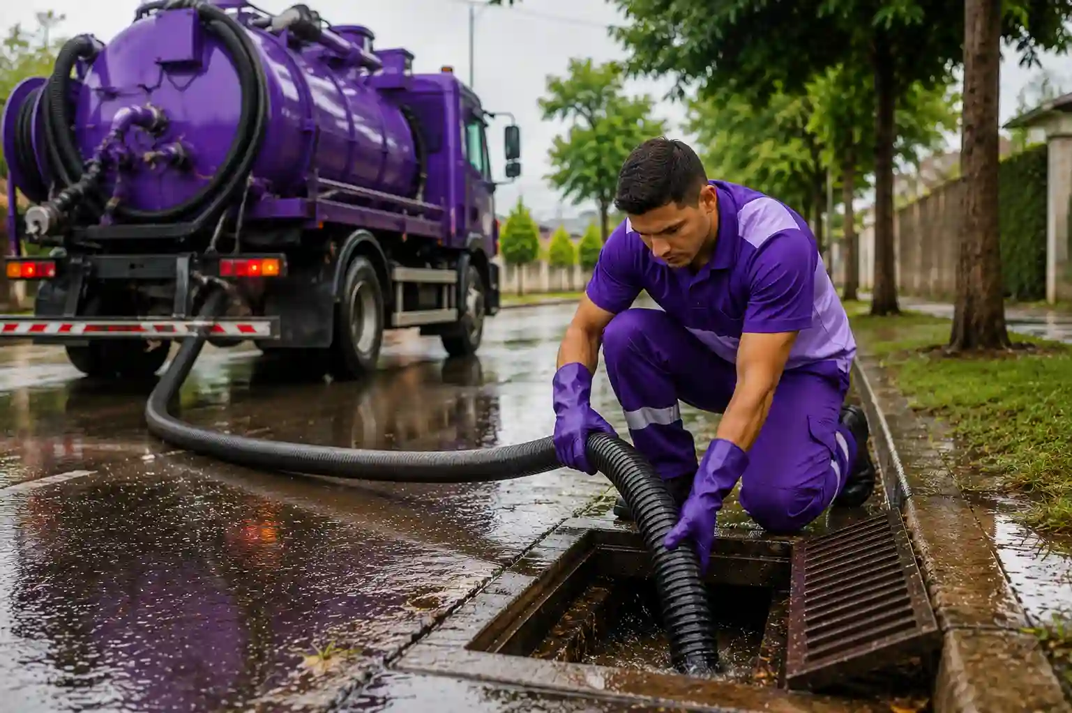 Técnicos da Desentupidora Descomplica atendendo cliente residencial