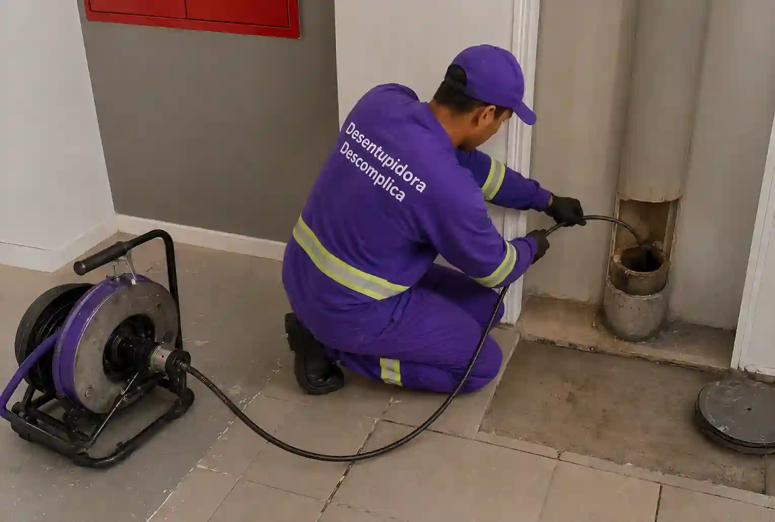 Caminhão da equipe realizando limpeza de fossa